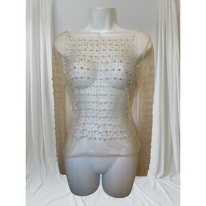 Sheer Pearl Beaded Mesh Top Nude Champagne Long Sleeve Evening Blouse S-M